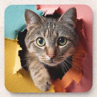 Porta-copo Gato Tabby Jovial Espiando Através de Papel Rasgad
