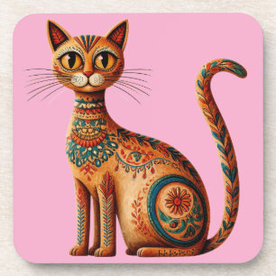 Porta-copo Gato Tribal Boho Fofo Arte Folclórica com Flores