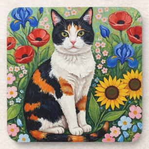 Porta-copo Gato Tricolor e Girassóis Arte Popular