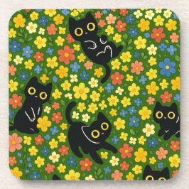 Porta-copo Gatos Pretos Fofos Padrão de Prado Floral