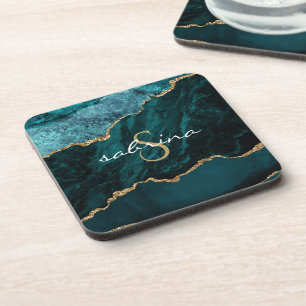 Porta-copo Geodo de Ágata Azul Teal Dourado Monograma