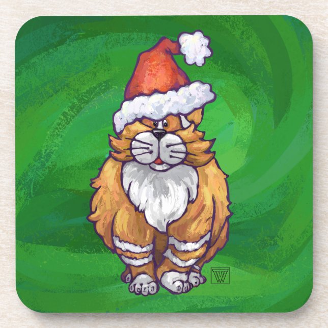 Porta-copo Ginger Cat Christmas on Green (Frente)