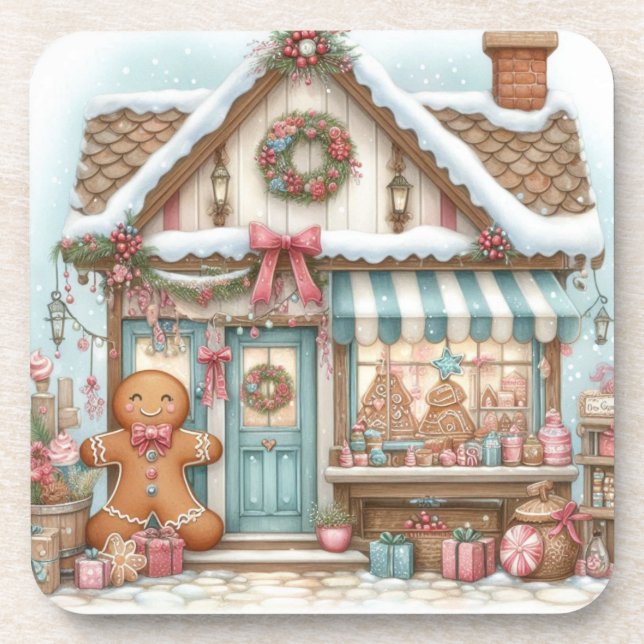 Porta-copo Gingerbread Bakery House Shop beverage coaster (Frente)