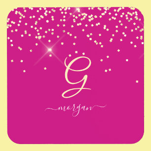 Porta-copo Glitter Dourado & Monograma Nome em Letra Branca,