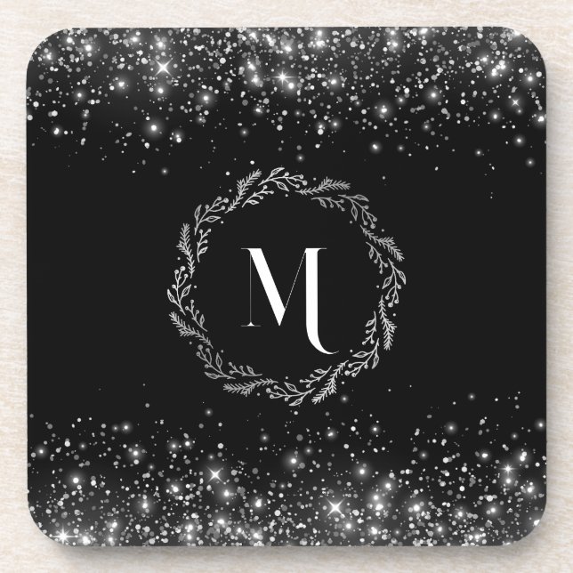 Porta-copo Glitter Prata Monograma Preto (Frente)