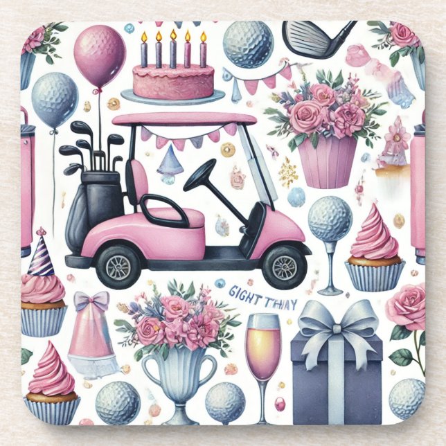 Porta-copo Golf Birthday Pink temático para Lady Golfer (Frente)
