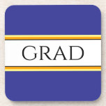 Porta-copo GRAD Sporty Deep Blue Orange White Racing Stripes<br><div class="desc">This fun sporty design features GRAD text inside a wide white center stripe highlighted with black,  yellow,  and orange racing stripes against bold blue background. The text can be personalized.</div>
