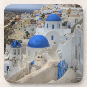 Porta-copo Grécia, Santorini. Torre sineira e cúpulas azuis d