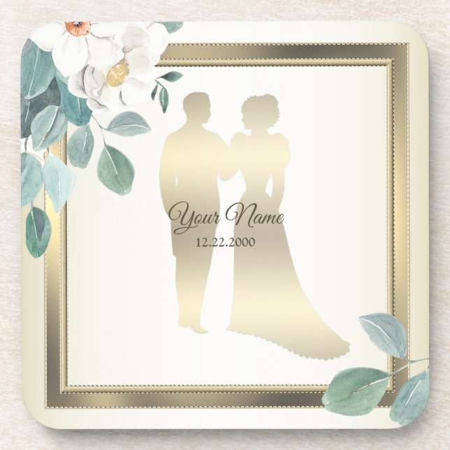 Porta-copo Green Leaves Flower Golden Frame Wedding Party (Frente)