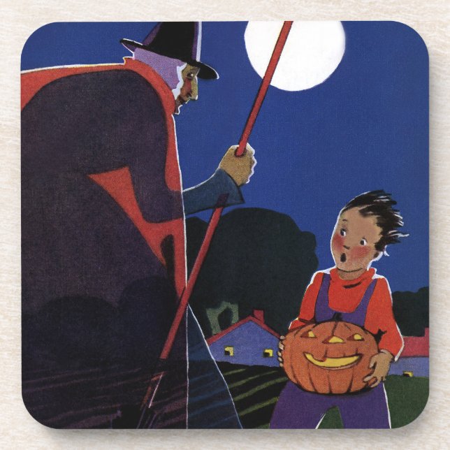 Porta-copo Halloween Antigo, Bruxa Assustadora com Menino (Frente)