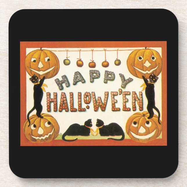 Porta-copo Halloween Antigo, Gatos Pretos com Jackolanterns (Frente)