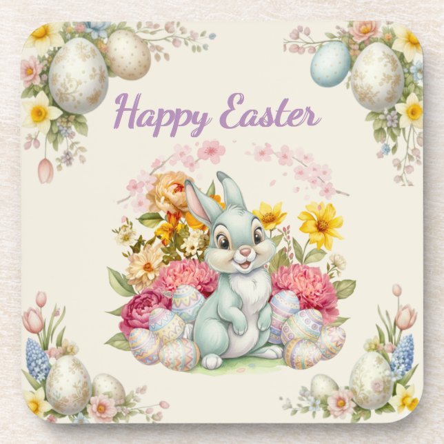 Porta-copo Happy Easter Cute Water Color bunny  (Frente)