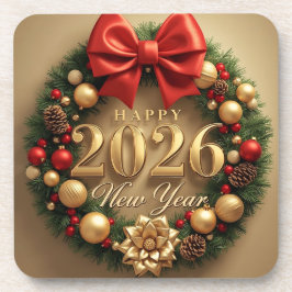 Porta-copo happy new year 2026 golden wreath coasters