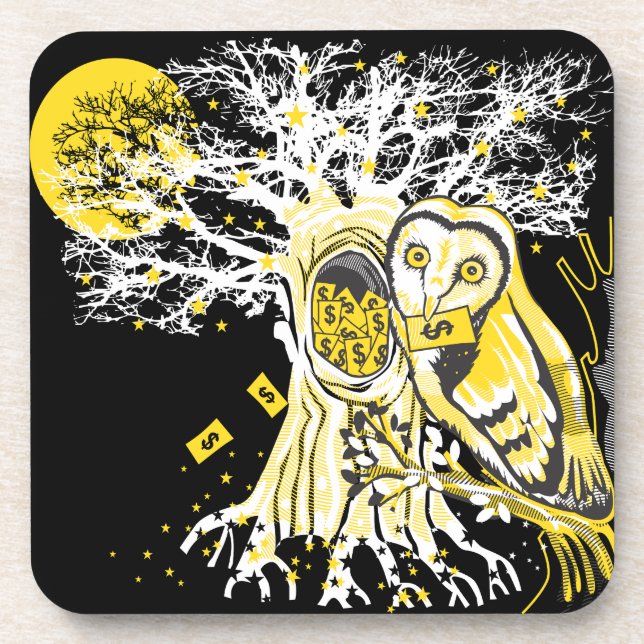 Porta-copo Hard Plastic Coaster – Urban Tree Owl & Wealth  (Frente)