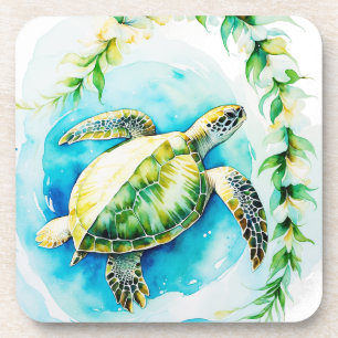 Porta-copo Havaiana Honu com Plumeria & Maile Watercolor