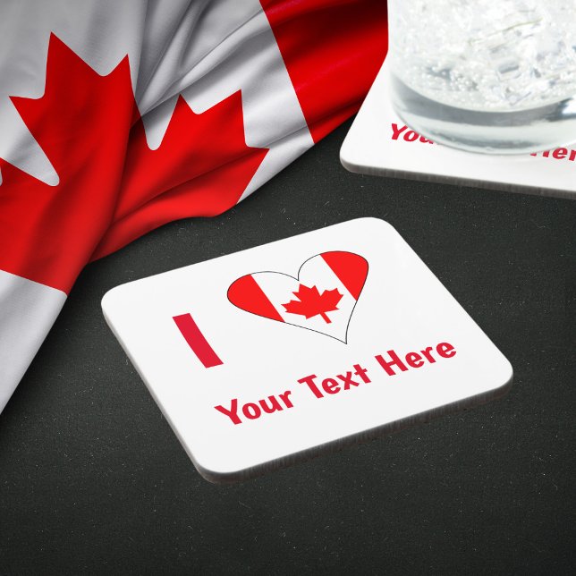 Porta-copo I (Canadian Flag Heart) Seu Texto Vermelho (Hard plastic coaster with heart shaped Canadian flag used to read I LOVE YOUR YEXT HERE.)