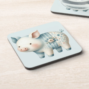 Porta-copo Ilustração Cottagecore de Porco em Patchwork Azul