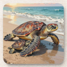 Ilustração de Tartaruga Marinha e Bebê na Praia