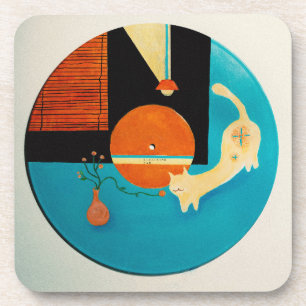 Porta-copo Ilustração Retro de Gato se Alongando em Disco