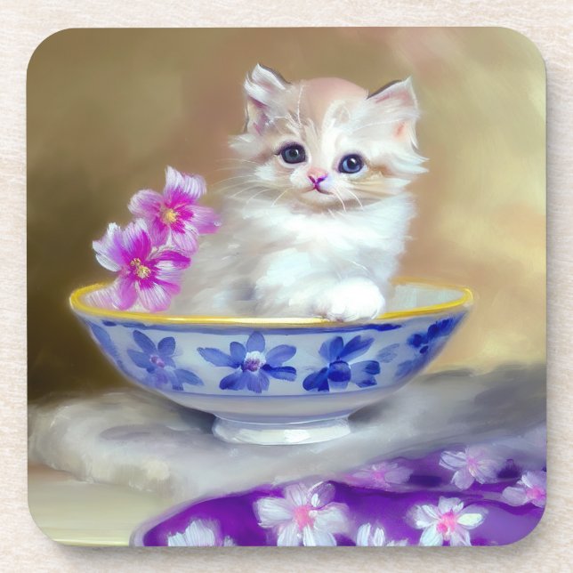 Porta-copo Ilustração Vintage White Kitten (Frente)