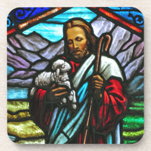 Porta-copo Imagem em vidro manchado de Jesus e borregos
