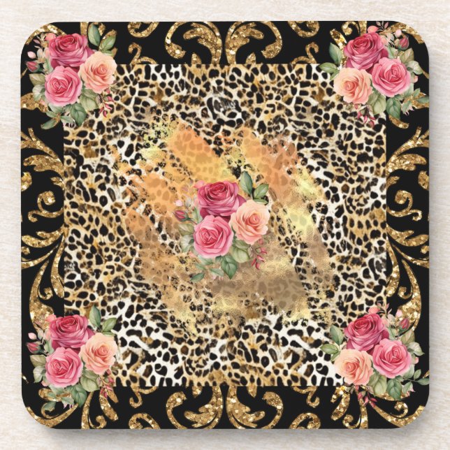 Porta-copo impressão leopardo com rosas e brilho dourado (Frente)