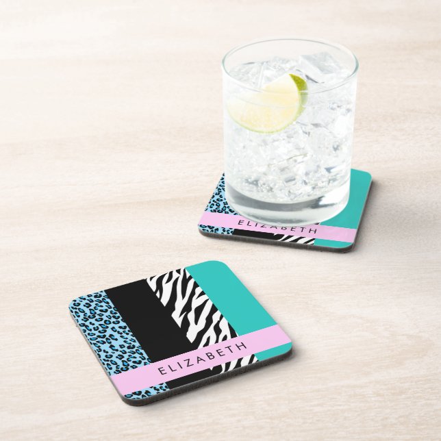 Porta-copo Impressão Leopardo, Impressão Zebra, Azul, Seu Nom (Lado Direito)