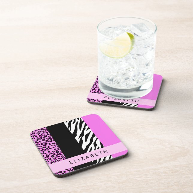 Porta-copo Impressão Leopardo, Impressão Zebra, Rosa, Seu Nom (Lado Direito)