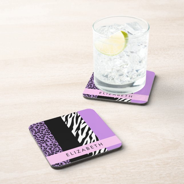 Porta-copo Impressão Leopardo, Impressão Zebra, Roxo, Seu Nom (Lado Direito)