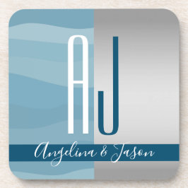 Porta-copo Iniciais de Casamento Azul e Prateado Simples Mode