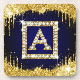 Porta-copo Inicial A com Monograma Dourado e Brilho Azul