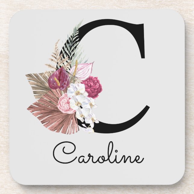 Porta-copo Inicial C Monogramada Floral Boho Rosa (Frente)