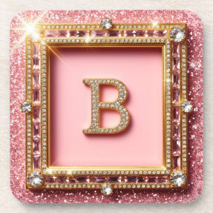 Porta-copo Inicial de Diamante B Glitter Rosa Moldura Dourada
