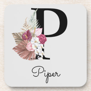Porta-copo Inicial Floral Boho Rosa Monograma P
