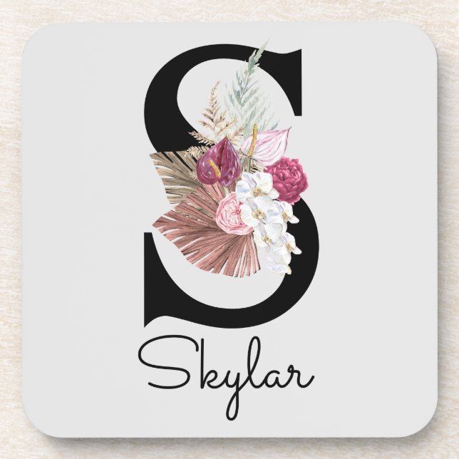 Porta-copo Inicial S Monogramada Rosa Boho Floral (Frente)