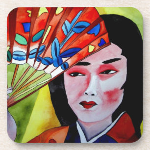 Porta-copo japonês Geisha com fã de pintura de arte original