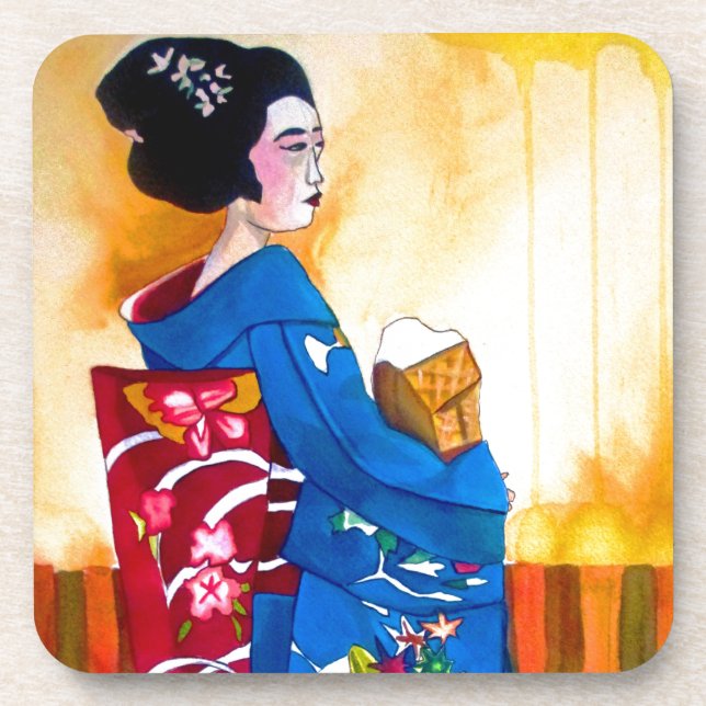Porta-copo Japonês Geisha com quimono azul (Frente)