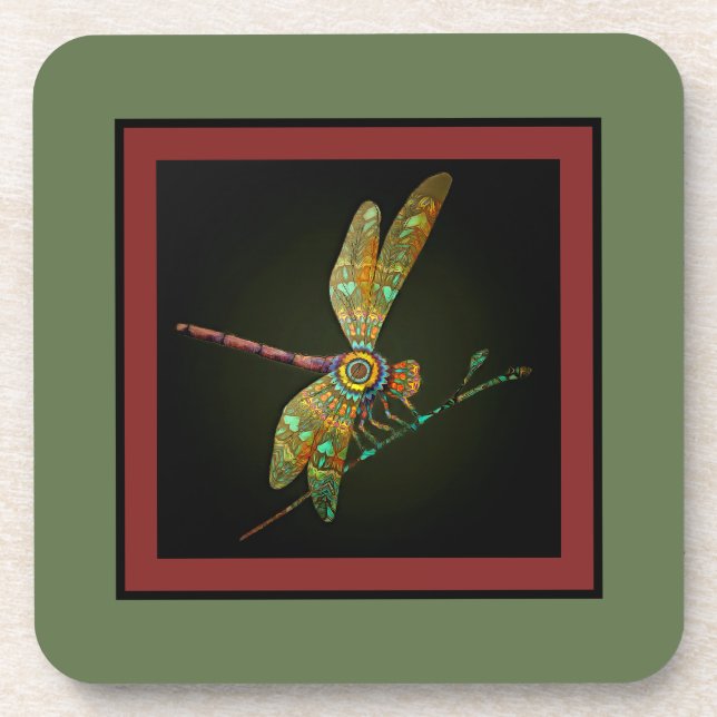 Porta-copo Jewel Tone Dragonfly encontra Mandala em Olive (Frente)