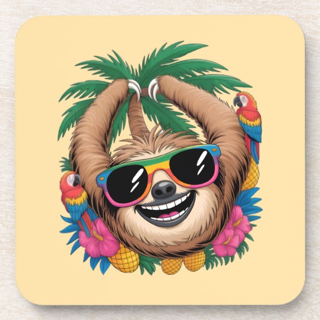 Porta-copo Kawaii Tropical Sloth – Cute Summer Vibes Rainbow  (Frente)