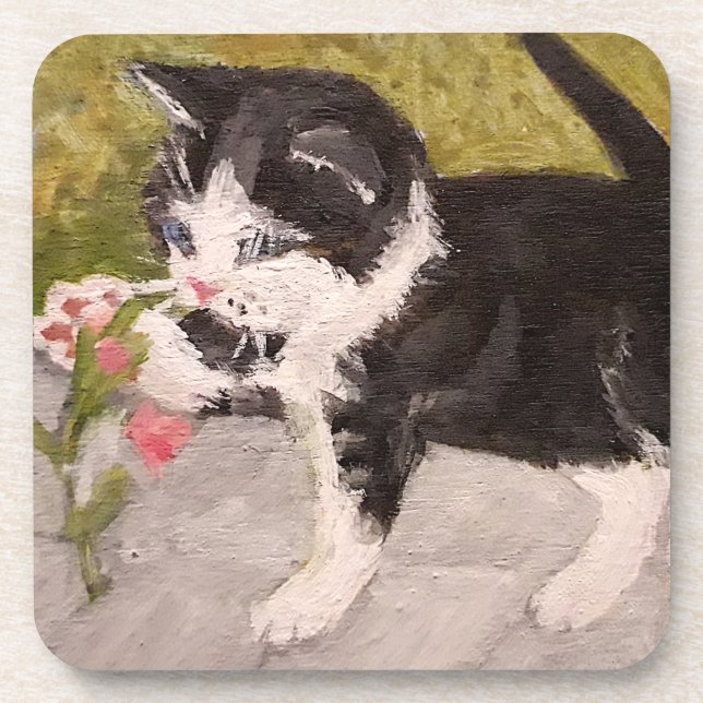 Porta-copo Kitty Brincando com Flor Rosa (Frente)