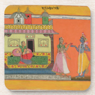 Porta-copo Krishna que chega na casa de Radha, ilustração