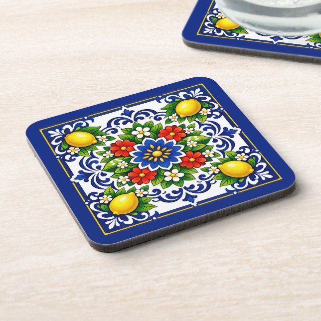 Porta-copo 🍋 Lemon Azul Bloom — Mediterrâneo Azulejo (Left Side)
