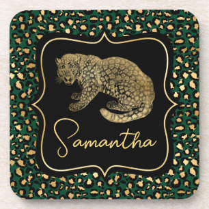 Porta-copo Leopardo Dourado e Impressão de Leopardo Verde
