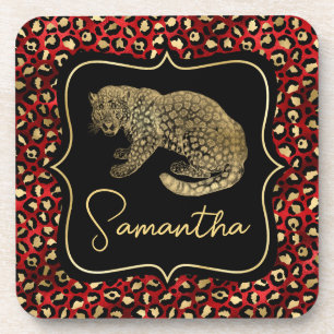 Porta-copo Leopardo Dourado e Impressão de Leopardo Vermelho