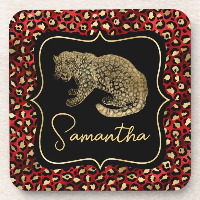 Porta-copo Leopardo Dourado e Impressão de Leopardo Vermelho (Frente)