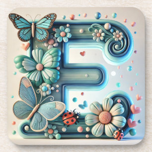 Porta-copo Letra E Floral Elegante com Borboletas