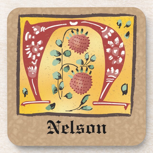 Porta-copo Letra Floral Iluminada Medieval N Monograma (Frente)