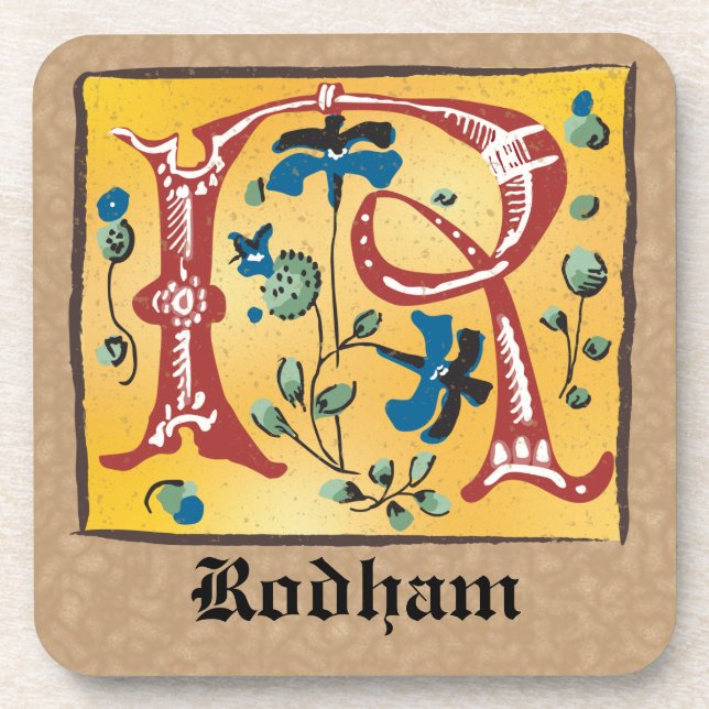 Porta-copo Letra Floral Iluminada Medieval R Monograma (Frente)