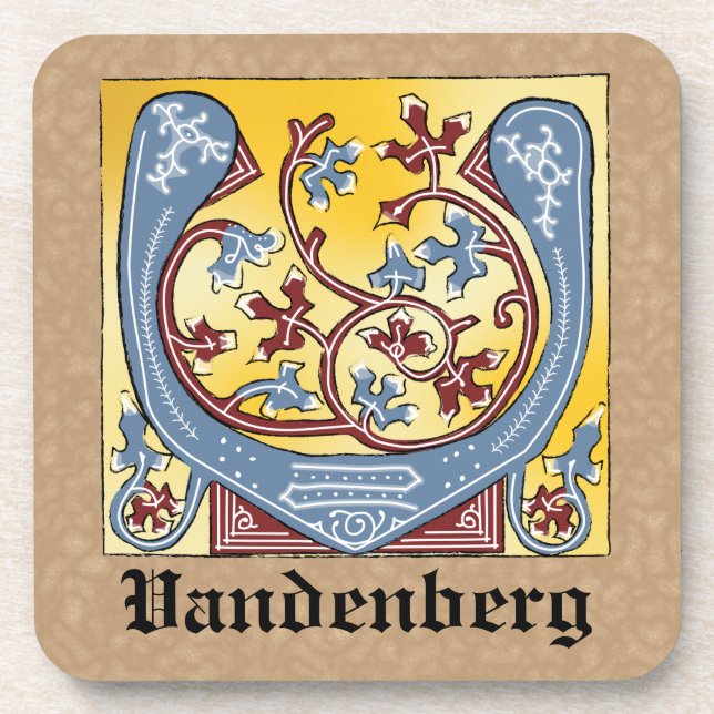 Porta-copo Letra V Iluminada Azul Medieval e Vermelha Ivy (Frente)