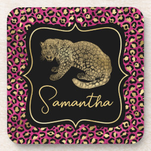 Porta-copo Luxo Estampa de Leopardo Rosa Dourado Monograma An
